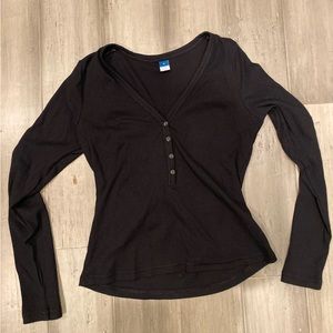 OLD NAVY Black Button Up Ribbed V-Neck Long Sleeve Tee, Size Small